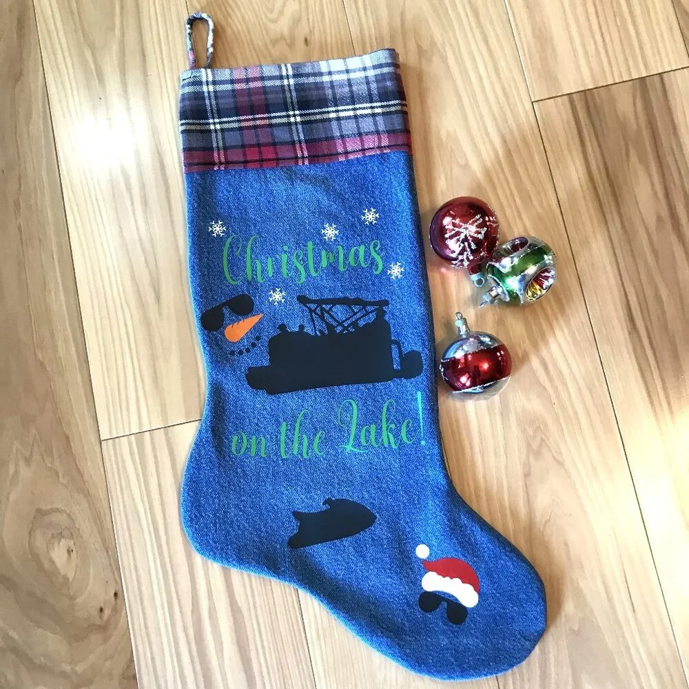 Denim Christmas Stocking, Lake House Fishing Decor Pontoon Boat Jet Ski Graphic